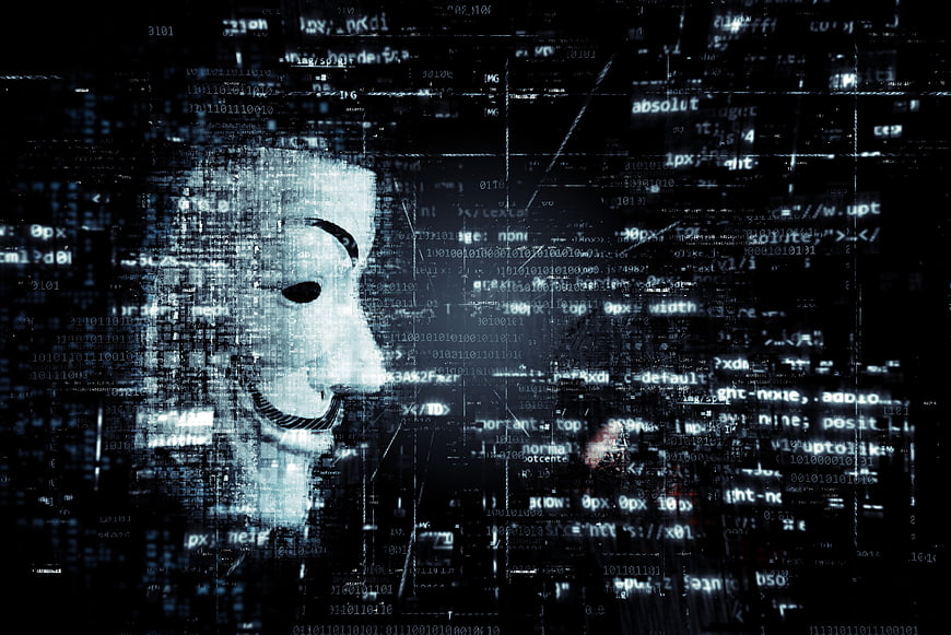 Anonymous hacker mask with digital glitch effect and code background
