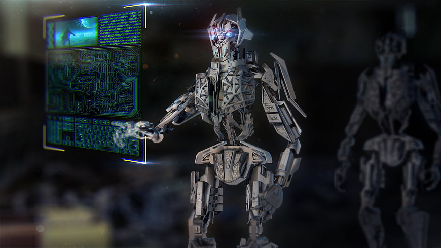 Futuristic Robot Interacting with Holographic Interface
