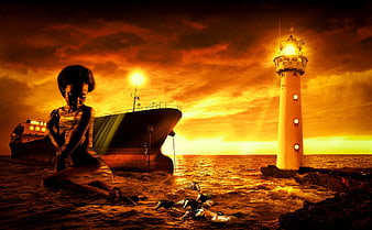 Dramatic Surreal Seascape with Lighthouse and Ship at Sunset
