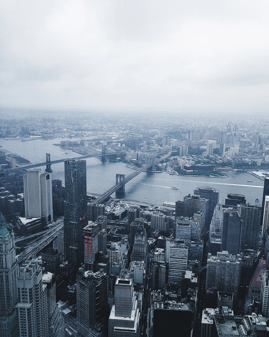 Aerial View of Manhattan Bridges and Skyscrapers