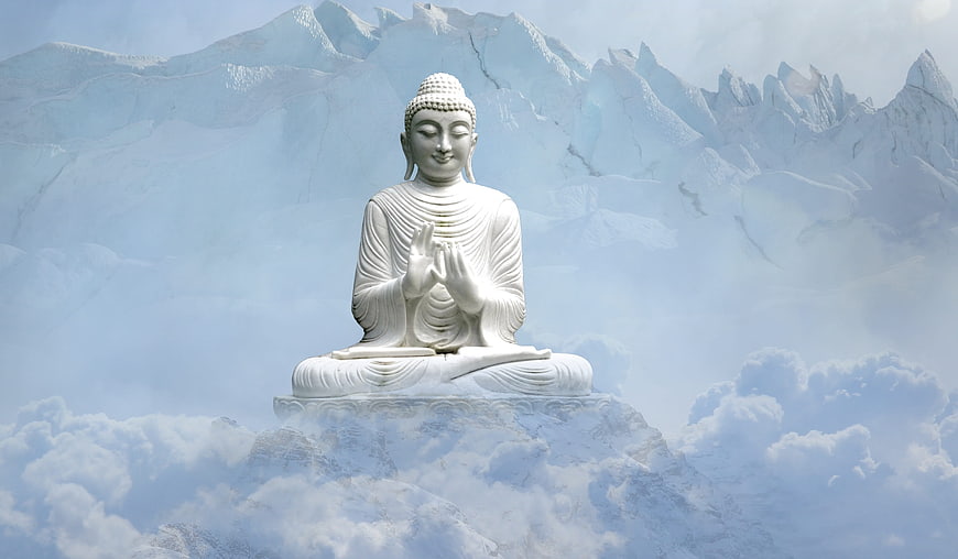 White Buddha Statue Meditating on Clouds with Snowy Mountains
