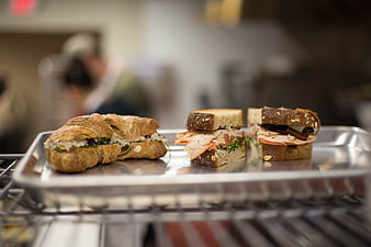 Fresh Sandwiches on Metal Tray in Cafe