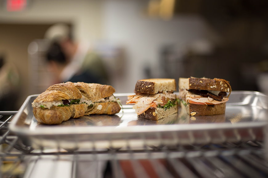 Fresh Sandwiches on Metal Tray in Cafe