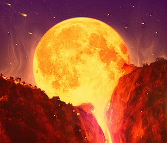 Dramatic Giant Sun Rising Over Volcanic Landscape With Meteors