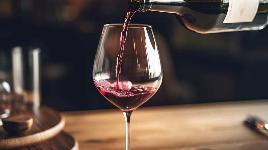 Pouring Red Wine into Glass on Wooden Table