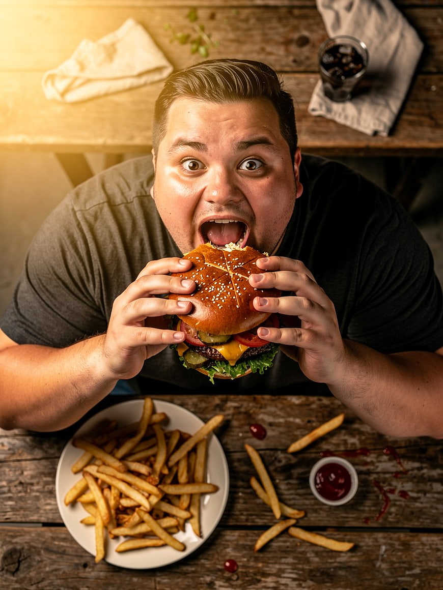 Man Eating Giant Burger with Fries Overhead View