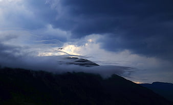 Dramatic Bird Flying Over Misty Mountain Peaks at Dusk
