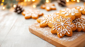 Snowflake Gingerbread Cookies on Wooden Board with Christmas Lights