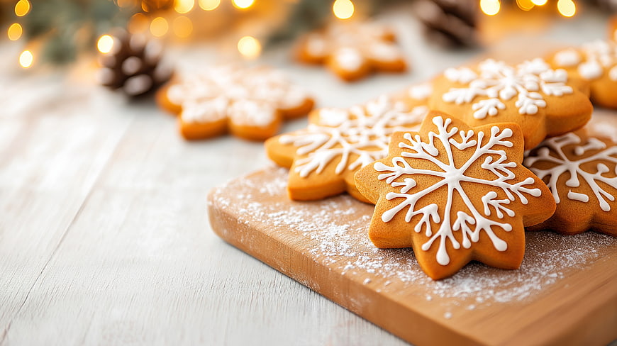 Snowflake Gingerbread Cookies on Wooden Board with Christmas Lights