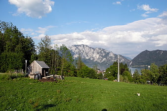 Rustic wooden shed on green hill with mountain lake view