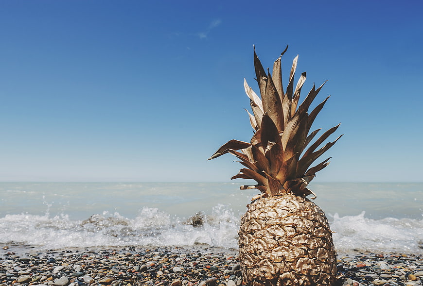 Golden pineapple on pebble beach with ocean waves