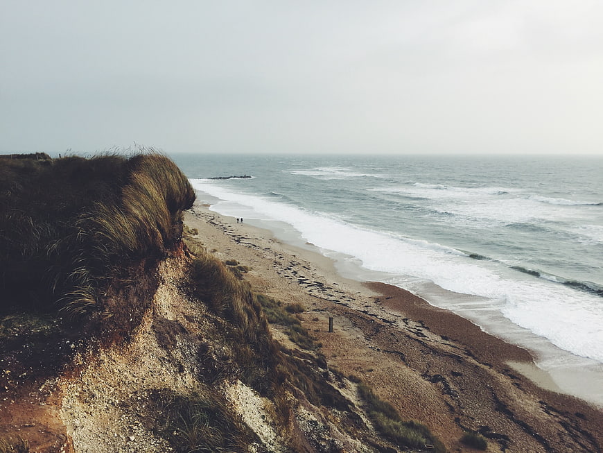 High Angle View of Grassy Cliff Overlooking Ocean Beach