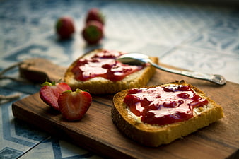 Strawberry Jam Toast on Wooden Board with Fresh Berries