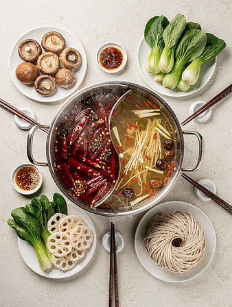 Top View Spicy Hot Pot with Vegetables and Noodles