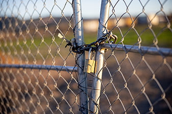 Close-up of padlock securing chain-link fence gate