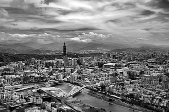 Black and White Aerial View of Taipei Cityscape