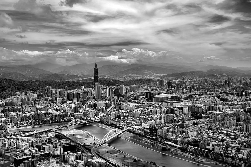 Black and White Aerial View of Taipei Cityscape