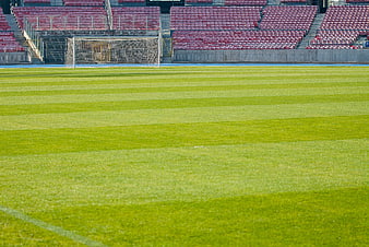Empty Soccer Stadium with Striped Green Grass Field