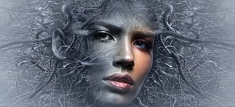 Surreal Portrait of Woman with Tree Branches and Mist