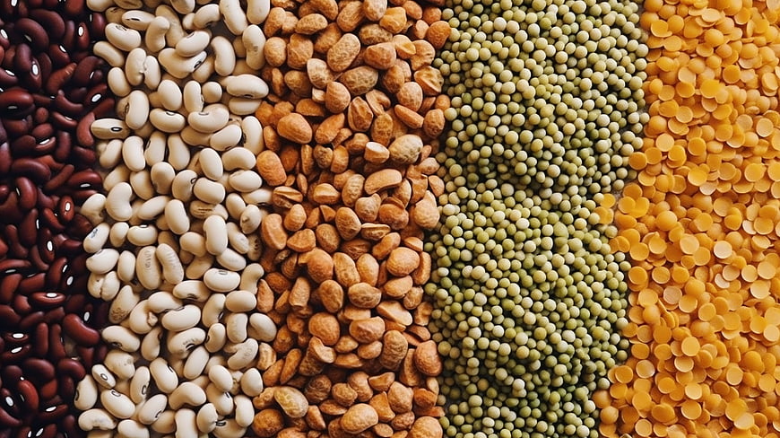 Top View of Red Kidney Beans, White Beans, Peanuts, Mung Beans, and Yellow Lentils