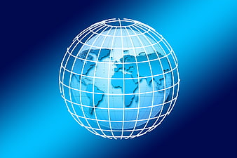 Blue wireframe globe with world map continents