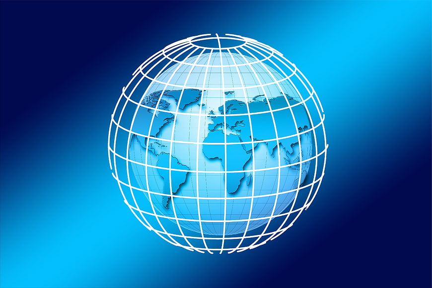 Blue wireframe globe with world map continents