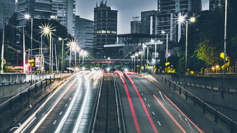 Long Exposure Night Highway Traffic Light Trails City