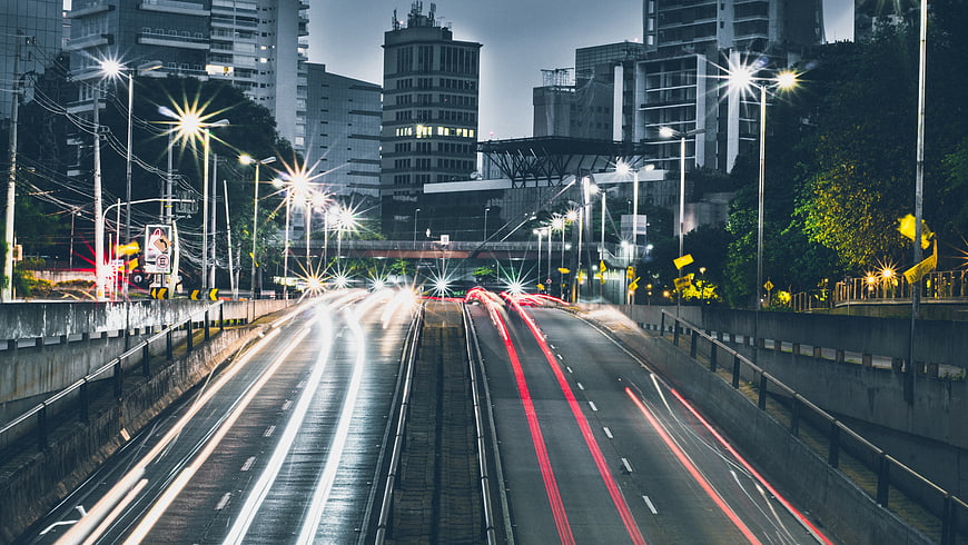Long Exposure Night Highway Traffic Light Trails City