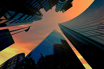Dramatic Low Angle View of London Skyscrapers at Sunset