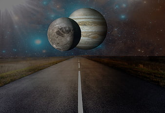 Surreal road leading to giant planets in starry night sky