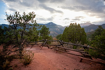 Scenic Mountain Trail with Wooden Fence and Pine Trees