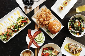 Overhead View of Gourmet Restaurant Food Spread