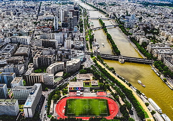 Aerial View of Paris Cityscape with Seine River and Stadium