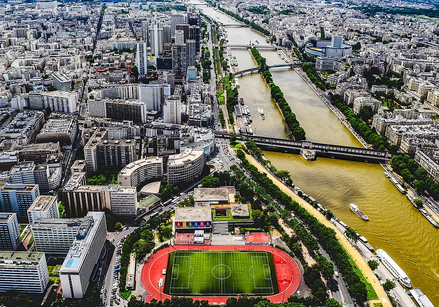 Aerial View of Paris Cityscape with Seine River and Stadium