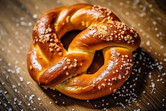 Freshly baked salted pretzel on rustic wooden background