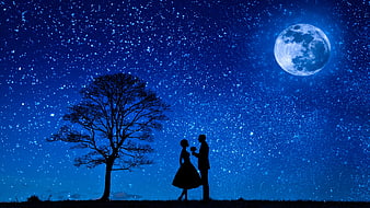 Romantic couple silhouette under starry night sky with full moon and tree