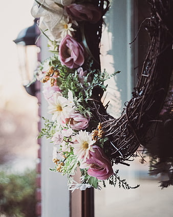 Pink and White Floral Wreath on Door