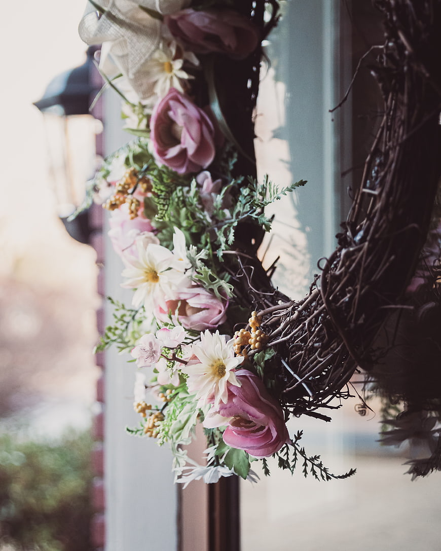 Pink and White Floral Wreath on Door