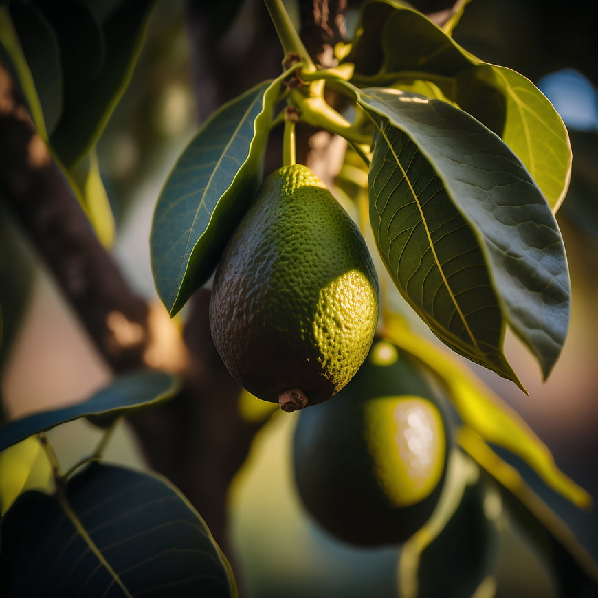 Ripe Avocado Hanging on Tree Branch in Sunlight