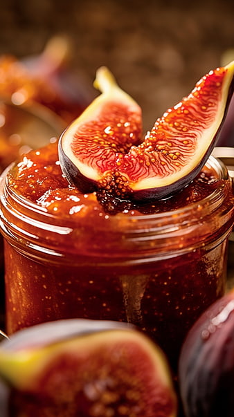 Close-up of artisanal fig jam jar with fresh fig garnish