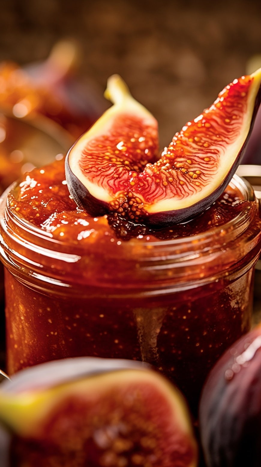 Close-up of artisanal fig jam jar with fresh fig garnish