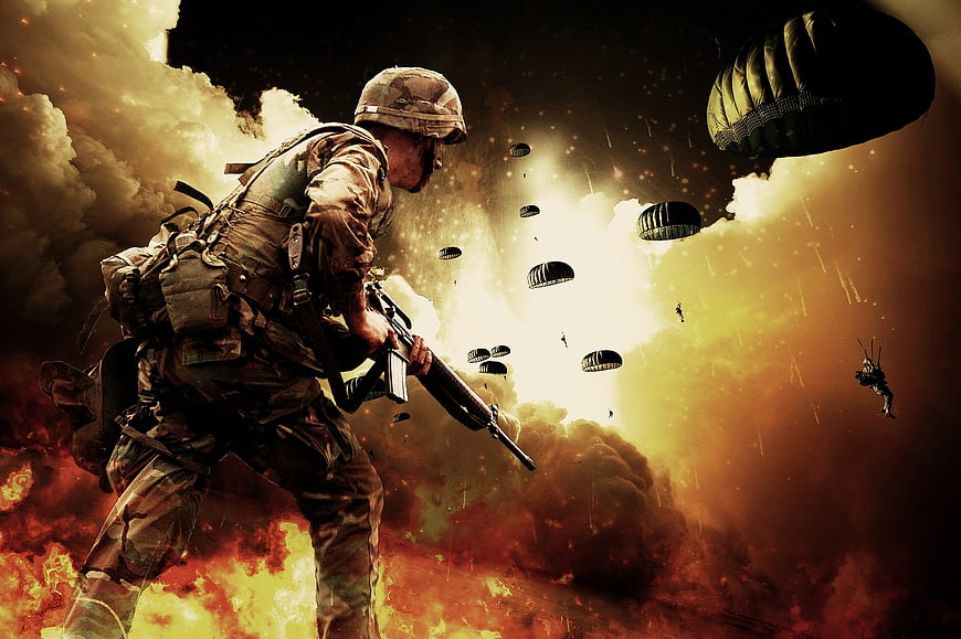 Soldier in Combat with Paratroopers and Explosions