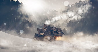 Cozy Log Cabin In Snowy Mountain Landscape With Fog And Light