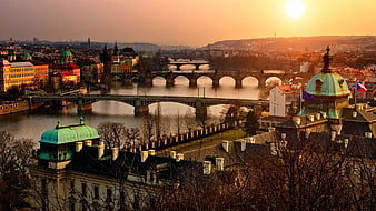 Prague Cityscape at Sunset with Charles Bridge and Vltava River
