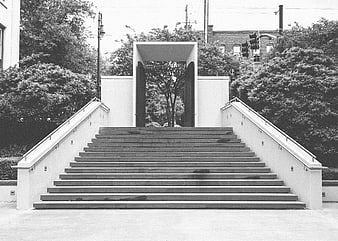 Symmetrical Black and White Photo of Concrete Staircase Entrance