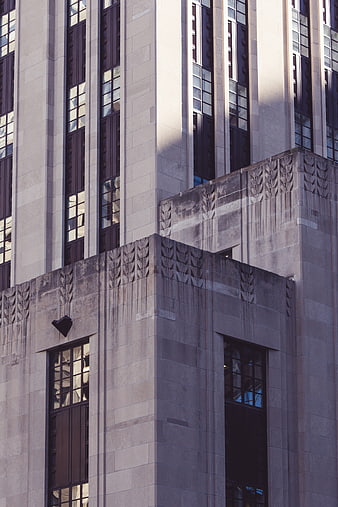 Art Deco Building Facade with Geometric Stone Details