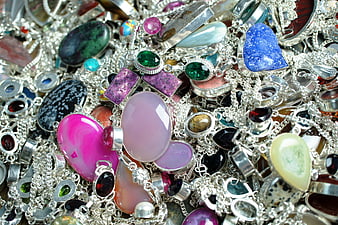 Colorful Gemstone Jewelry Pile with Silver Chains