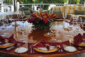 Elegant Outdoor Formal Dining Table Setting with Floral Centerpiece