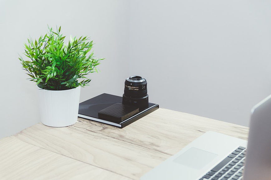 Minimalist Desk with Camera Lens, Plant, and Laptop