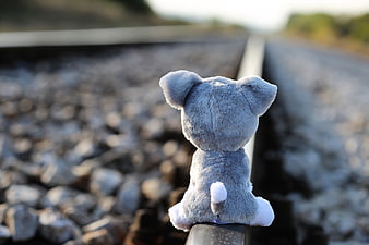 Lonely blue teddy bear sitting on railway tracks